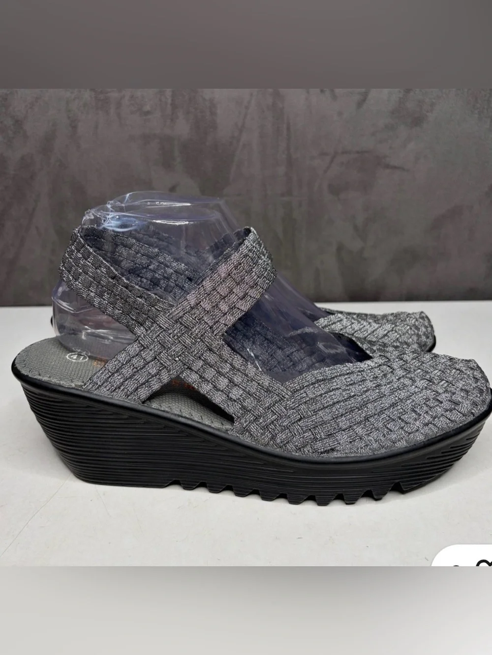 bernie mev. Metallic Woven Slingback Wedges - Silver Black
